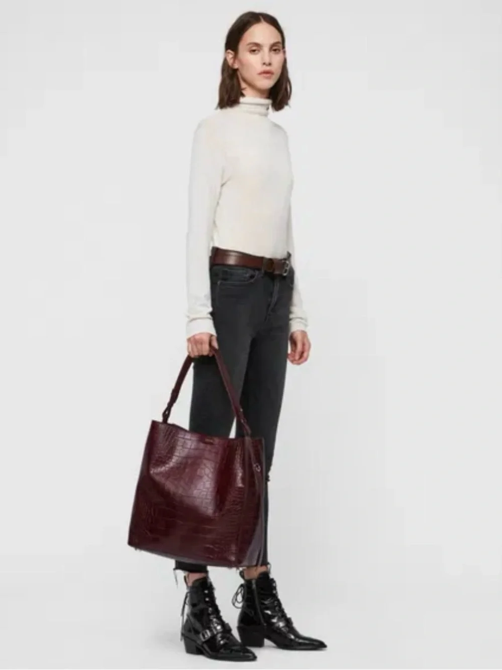 Like NEW AllSaints Polly North/South Crocodile-Embossed Leather Tote Bag